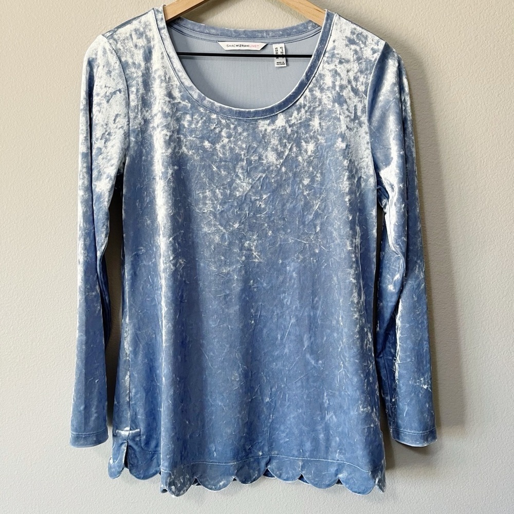 Isaac Mizrahi Crushed Velvet Light Blue Long Sleeve Blouse Scalloped Hem Size XS